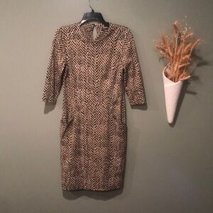 J. McLaughlin 3/4 Sleeve Geometric Black Tan Cream 2 Pocket Pullover Dress S EUC